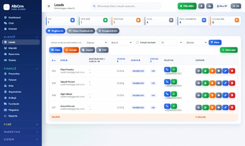 Foto 2 - Leads CRM - Program per menaxhimin e marketing me Leads Meta dhe Google Ads